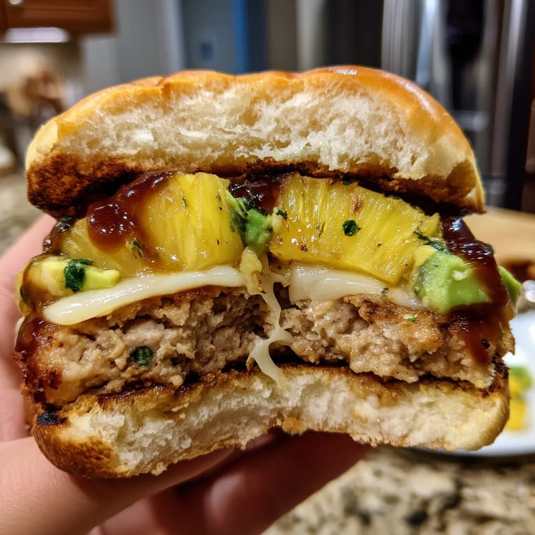 A person is holding a hamburger with pineapple.