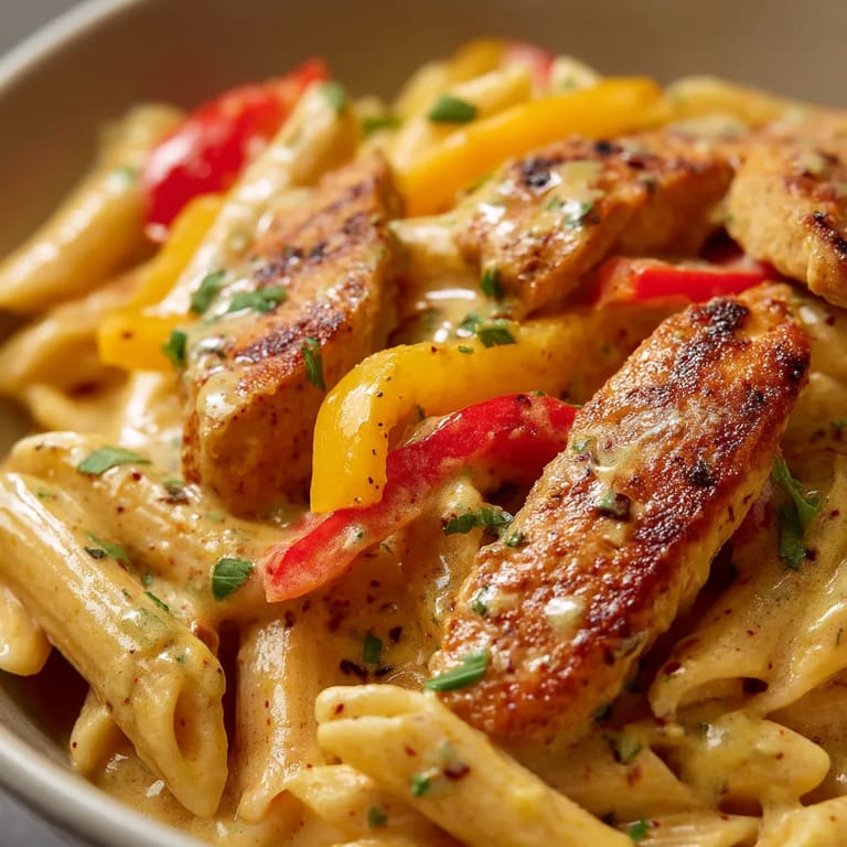 A bowl of pasta with chicken and peppers.
