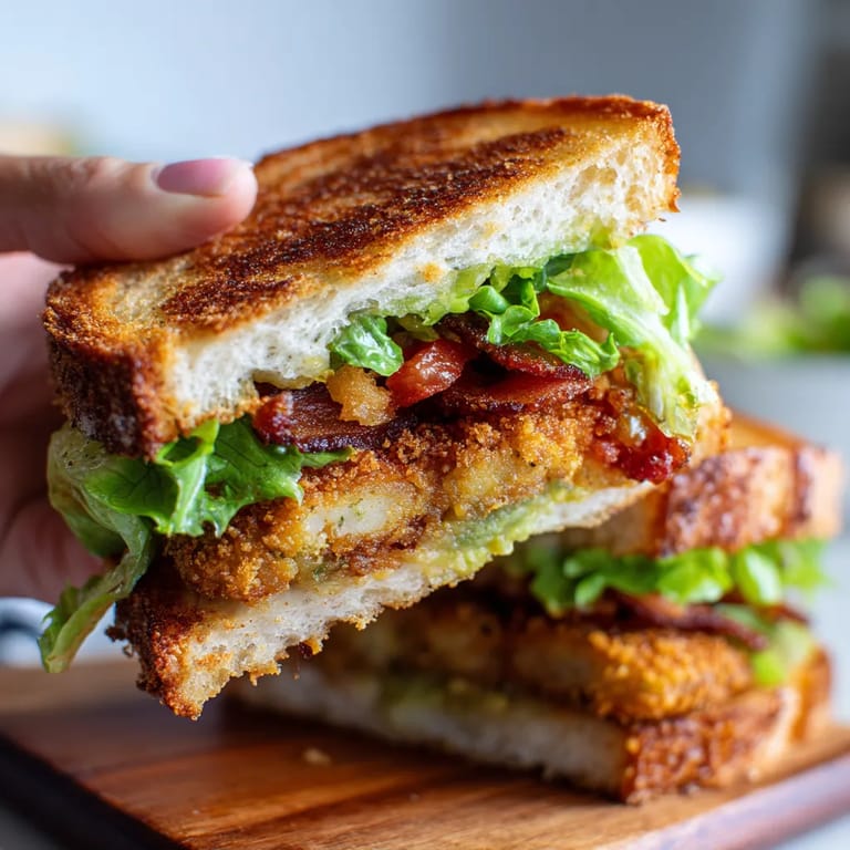 A person holding a sandwich with lettuce and bacon.