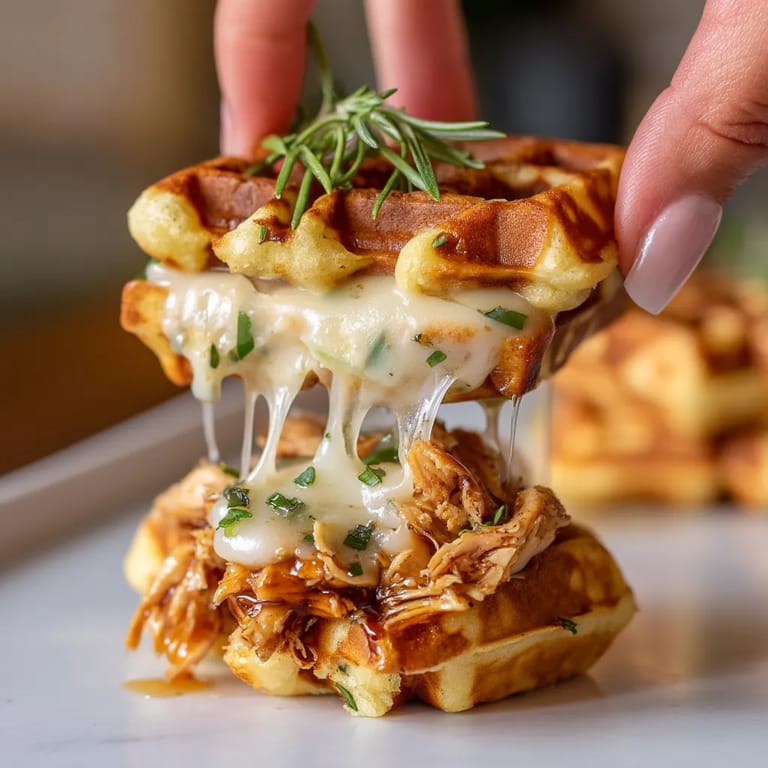 A person is holding a waffle with cheese and chicken.