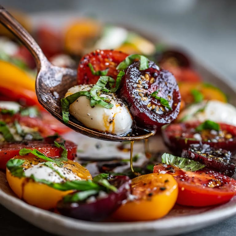 A spoon is filled with mozzarella cheese and tomatoes.