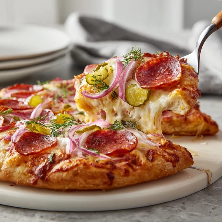 A pizza with pepperoni and onions on a plate.