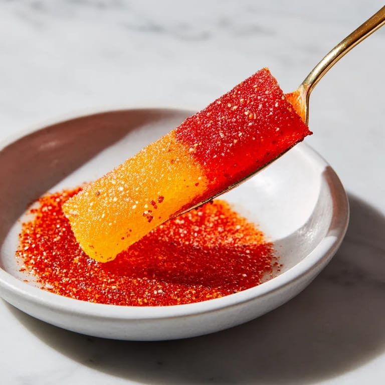 A spoon is scooping up a piece of candy.