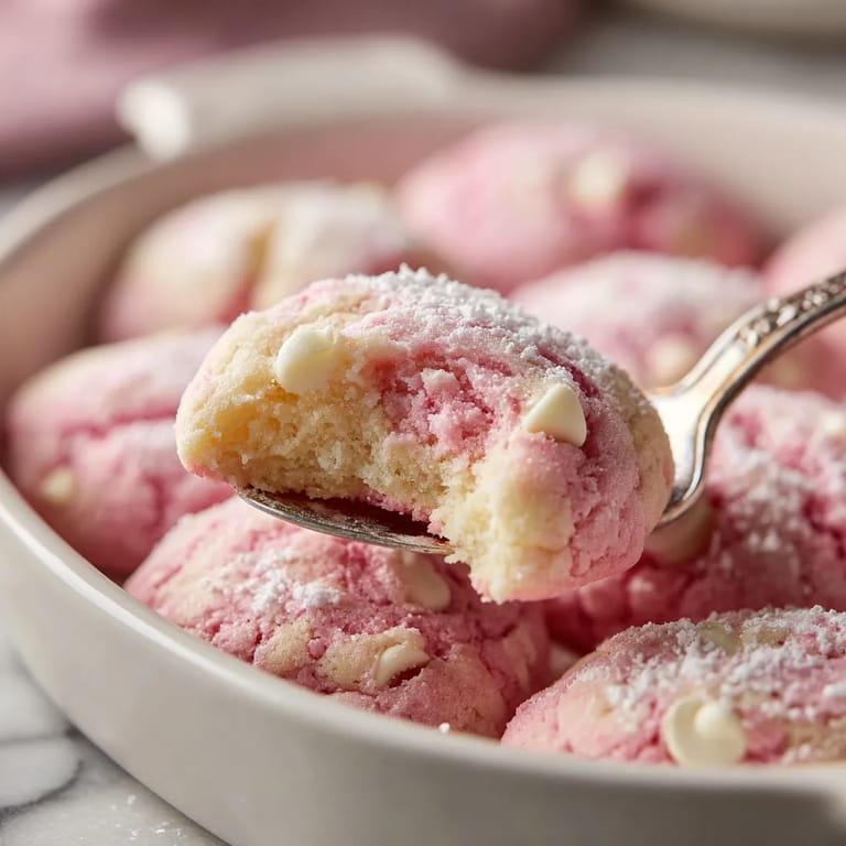 A spoon is in a bowl of pink and white cookies.