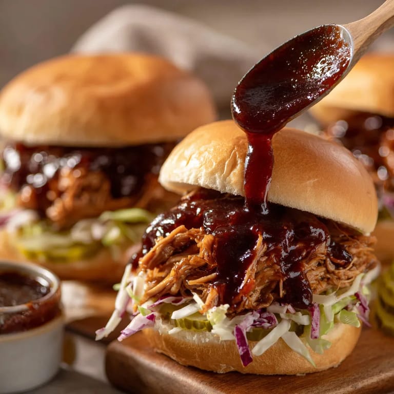 A close up of a BBQ sandwich with sauce dripping from it.