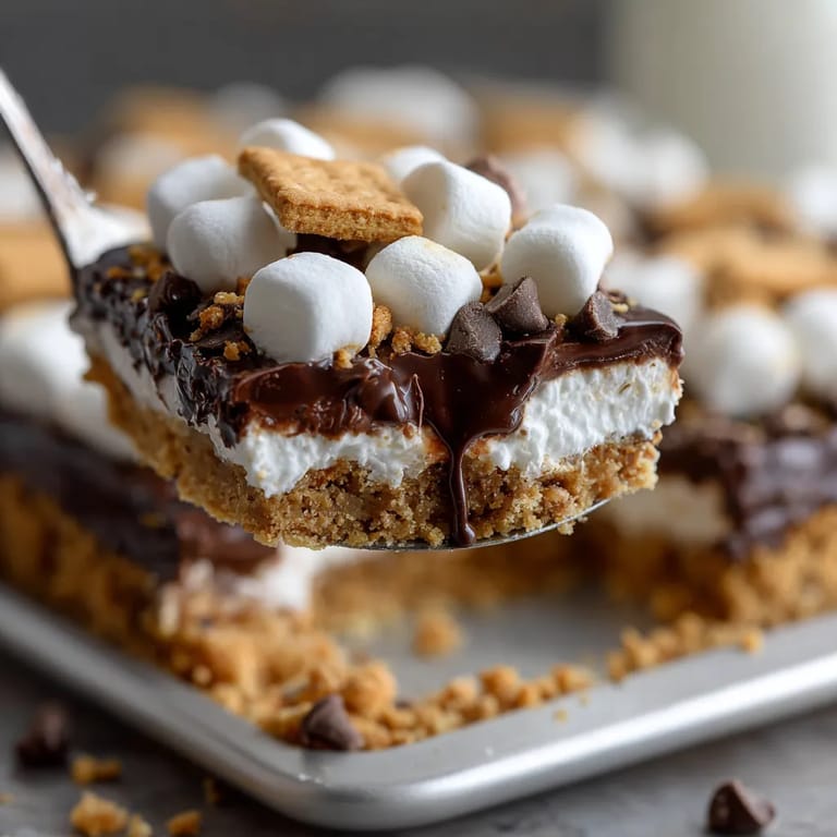A piece of cake with marshmallows and chocolate.