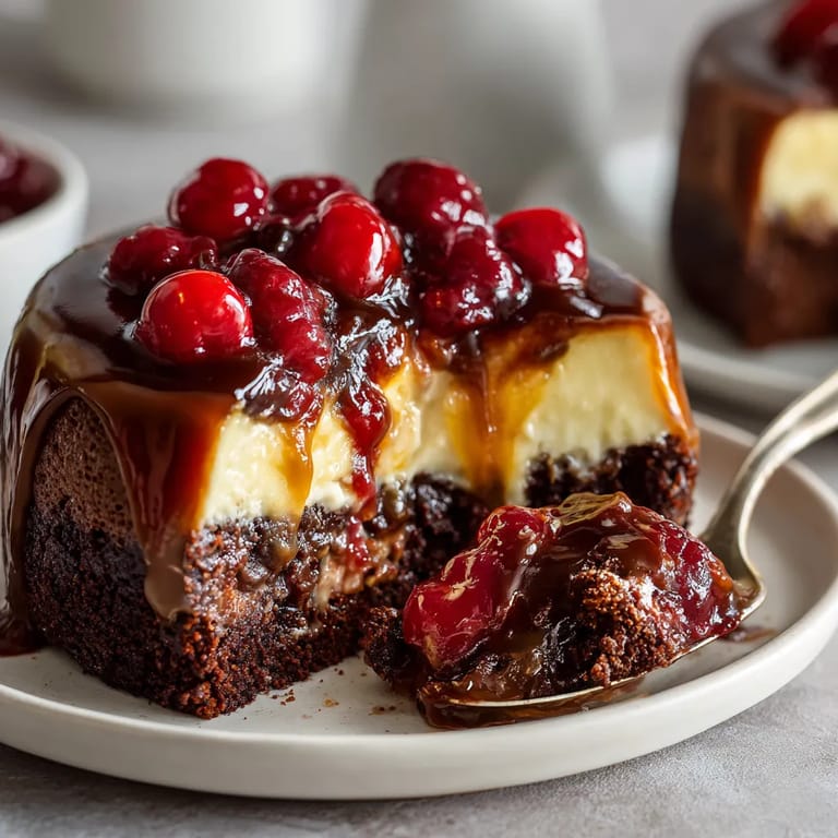 A slice of cake with chocolate and cherries.