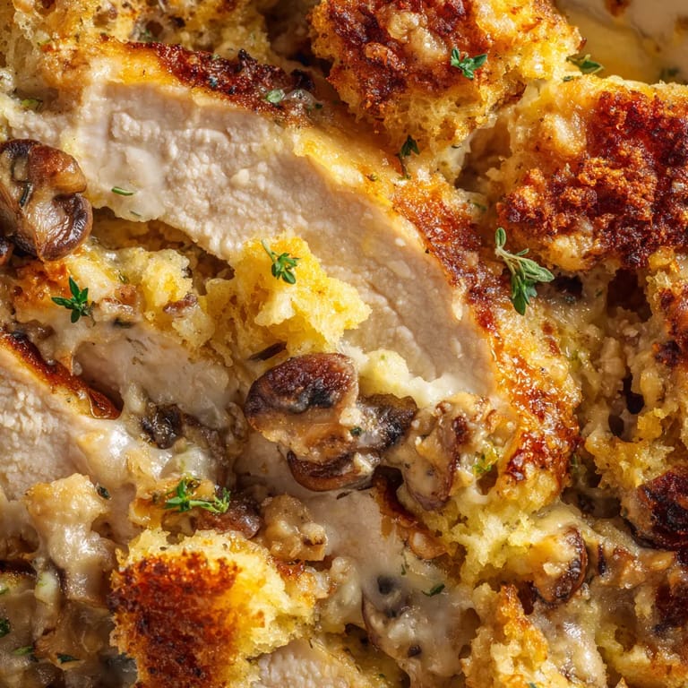 A piece of chicken with mushrooms on top.