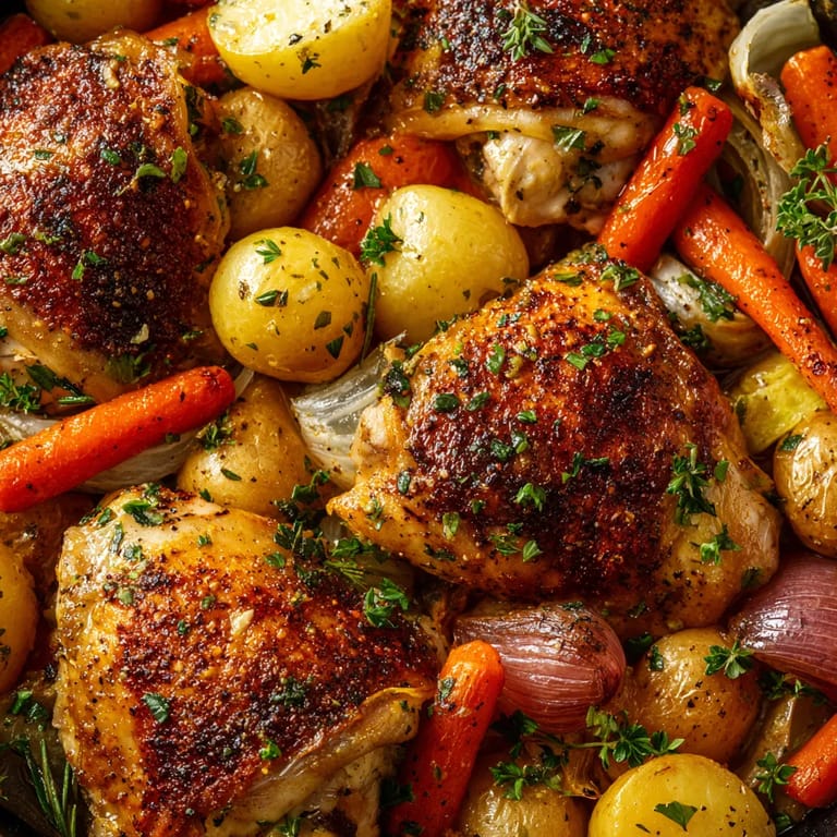 A close up of a delicious meal with chicken, potatoes, carrots, and onions.
