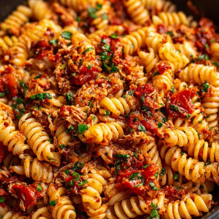 A bowl of pasta with meat and tomatoes.