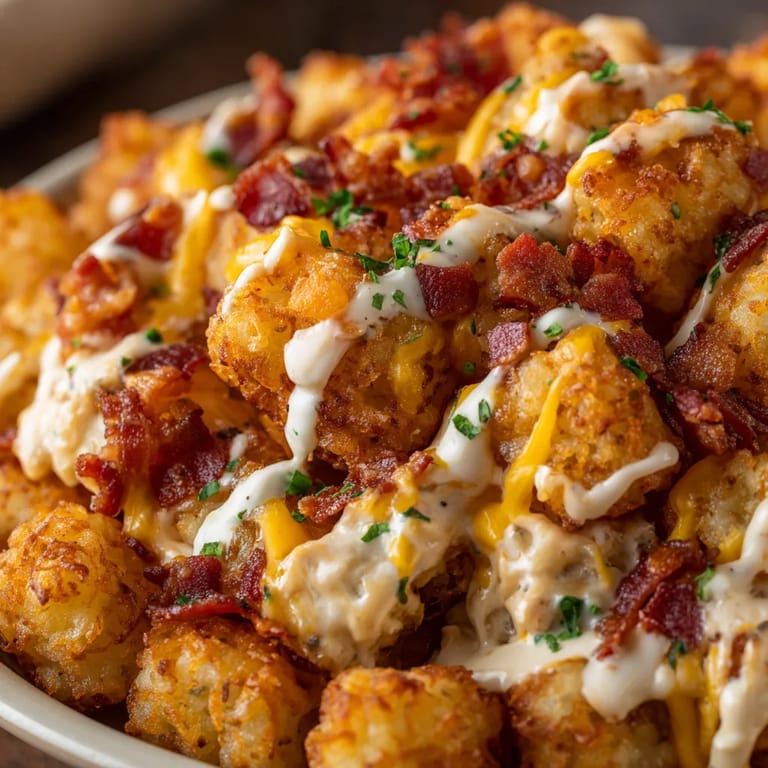 A plate of bacon and cheese covered tater tots.