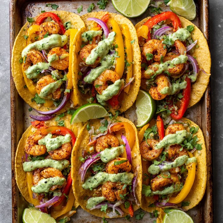A tray of shrimp tacos with lime wedges.