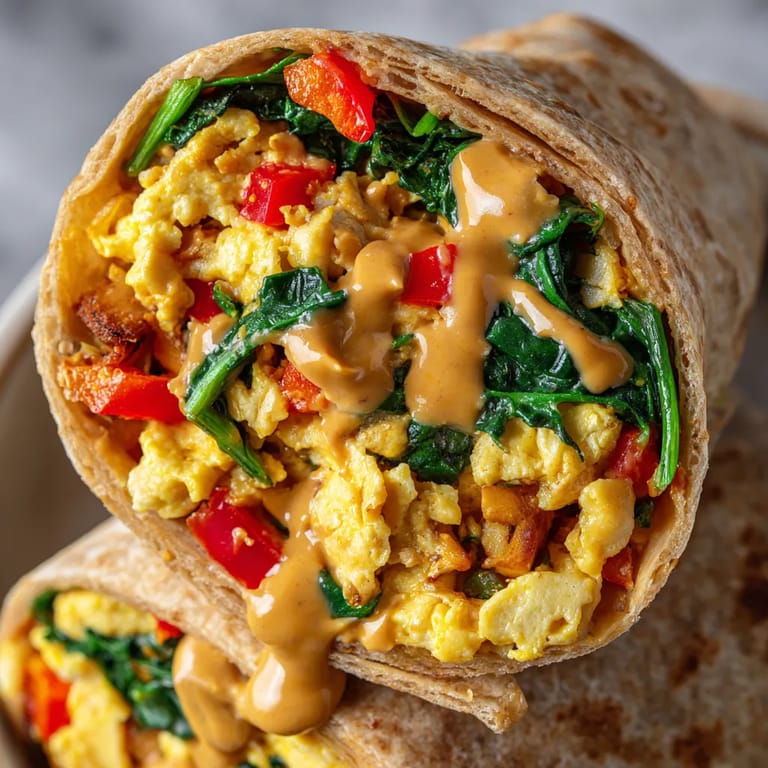 A burrito with eggs and sauce.