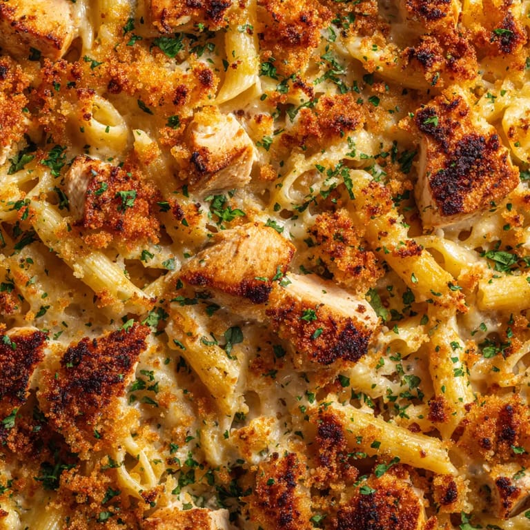 A pizza with chicken and pasta.