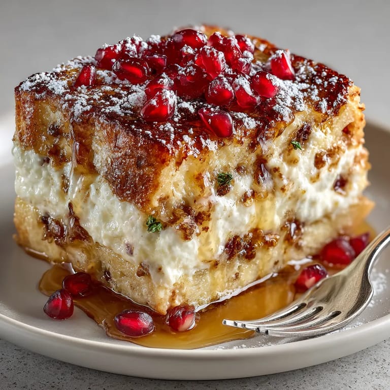 A slice of cake with a pile of pomegranate seeds on top.