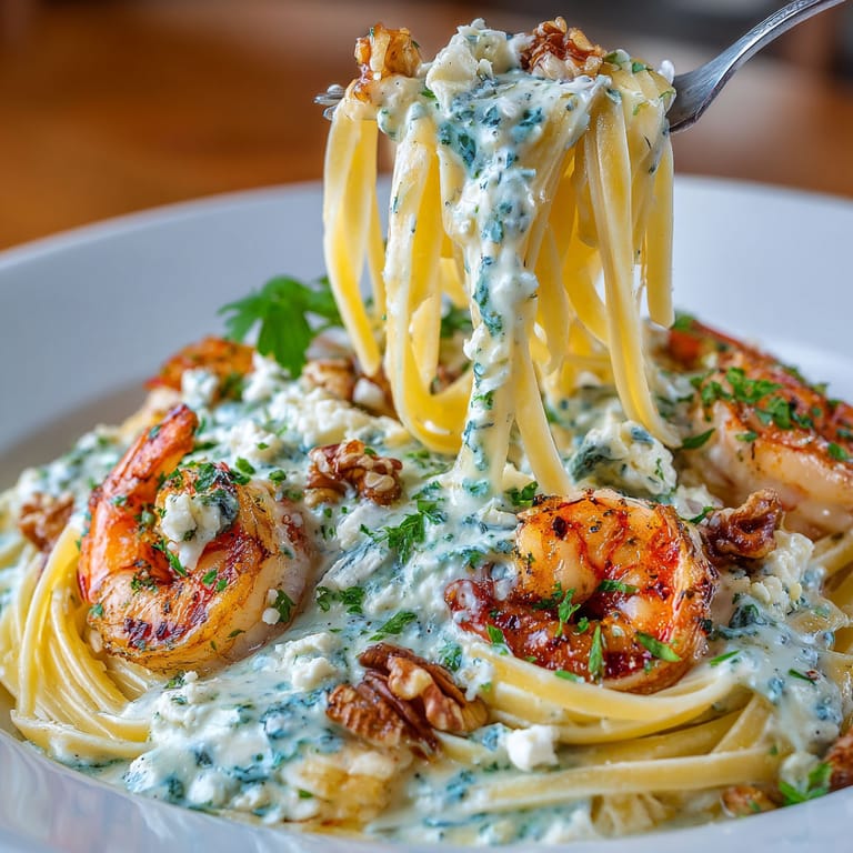 A plate of shrimp pasta with a fork in it.
