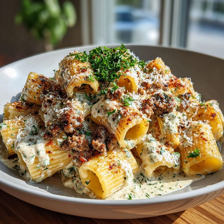 A bowl of pasta with cheese and herbs.