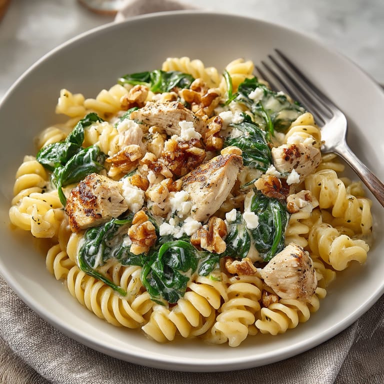 A plate of pasta with chicken, spinach, and goat cheese.