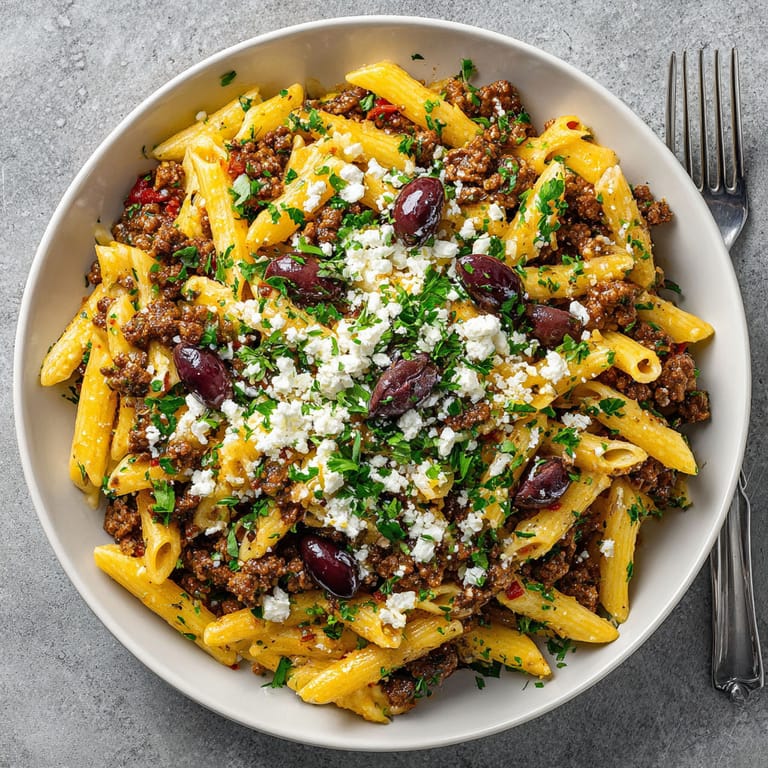 A bowl of pasta with beef and olives.