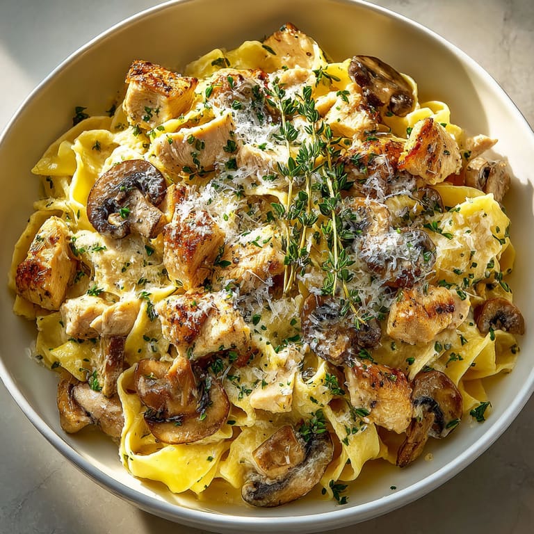 A bowl of pasta with chicken and mushrooms.