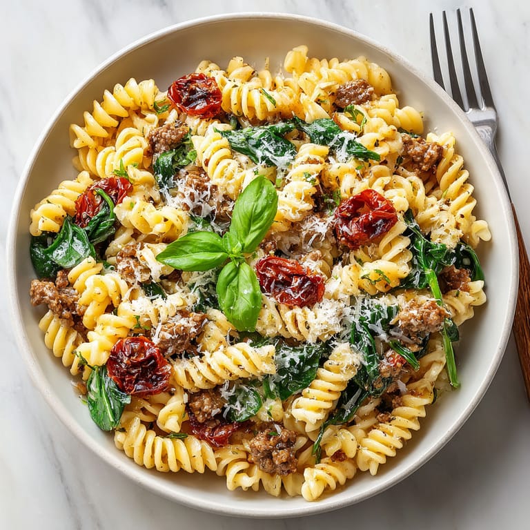 A bowl of pasta with tomatoes and beef.