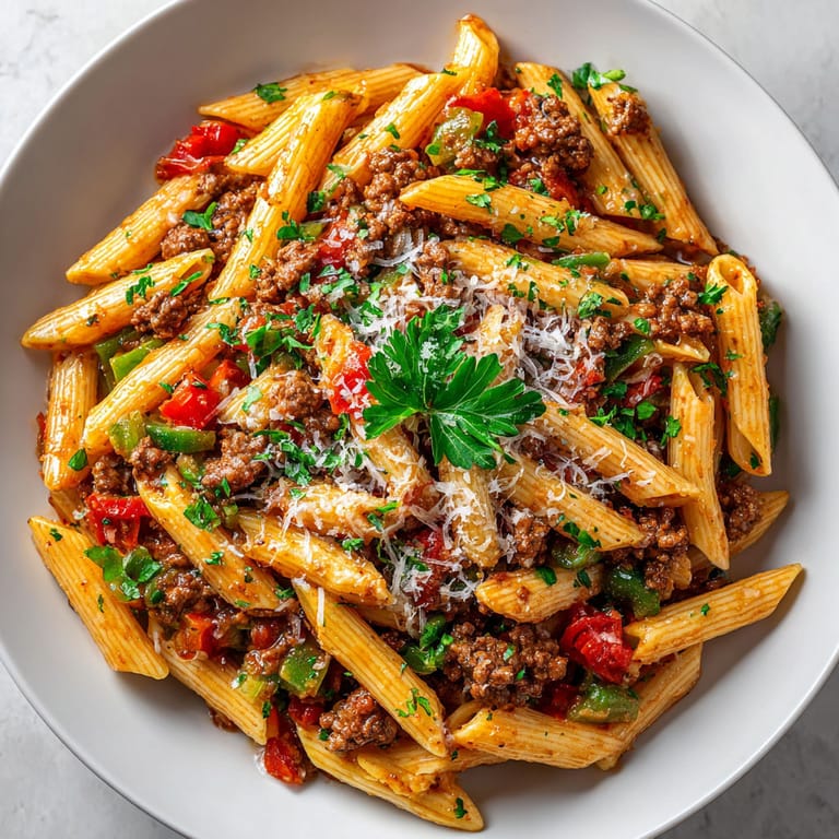 A plate of pasta with meat and vegetables.