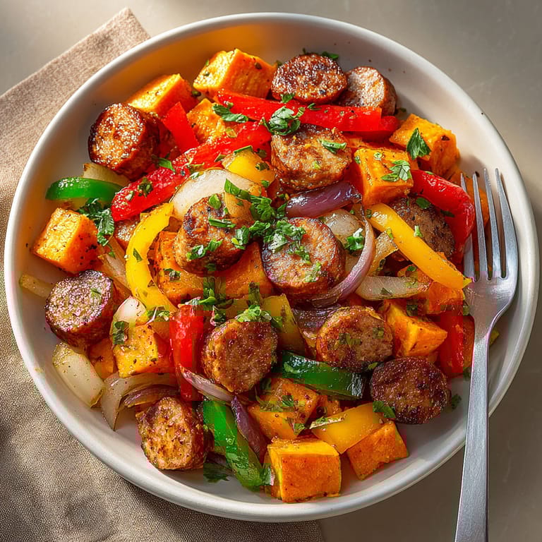A bowl of Sweet Potato & Cajun Sausage Hash.
