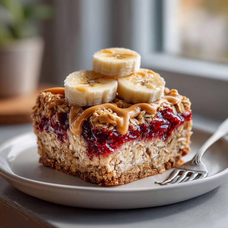 A slice of peanut butter and jelly baked oatmeal.