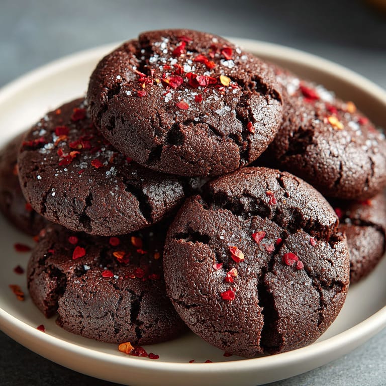 A plate of chocolate cookies with red sprinkles.