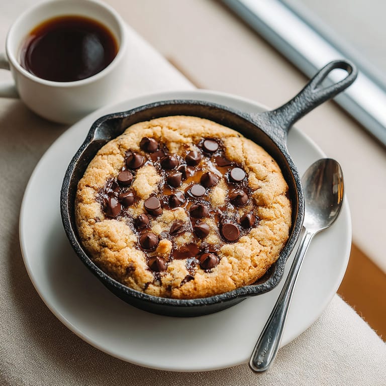 A chocolate chip cookie in a pan.