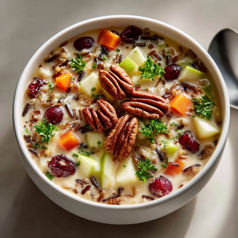 A bowl of soup with cranberries, rice, and other vegetables.