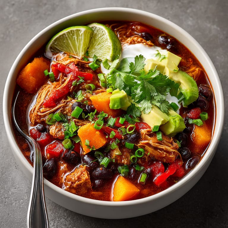 A bowl of chili with lime wedges and cilantro.