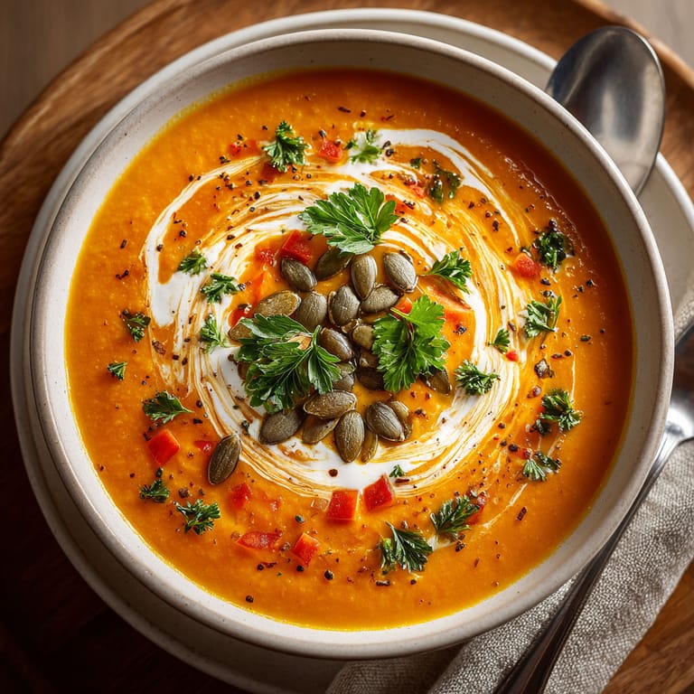 A bowl of soup with a spoon in it.