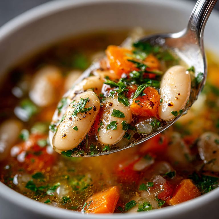 A spoon is in a bowl of soup.