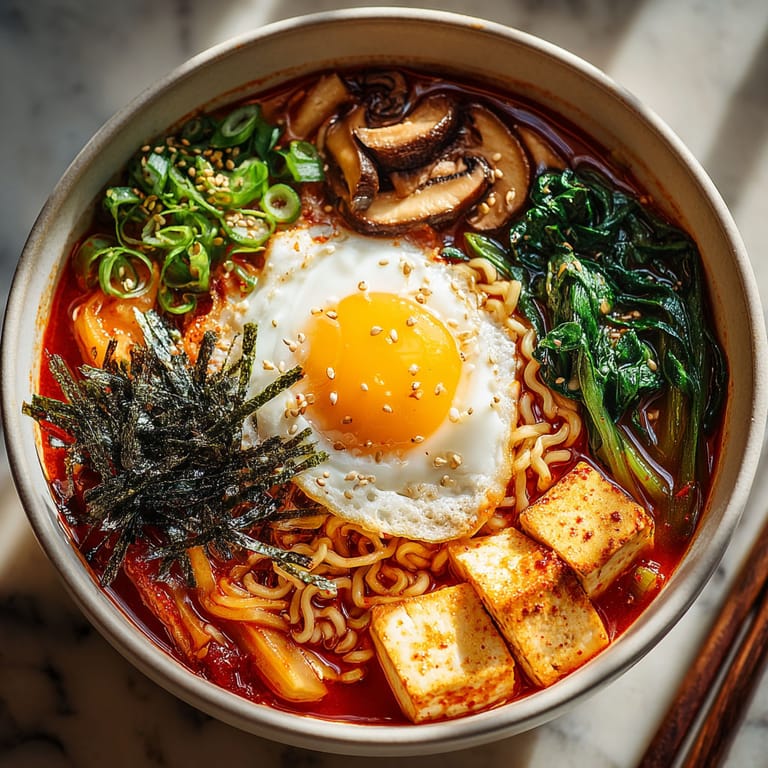 A bowl of soup with noodles, mushrooms, and a fried egg.