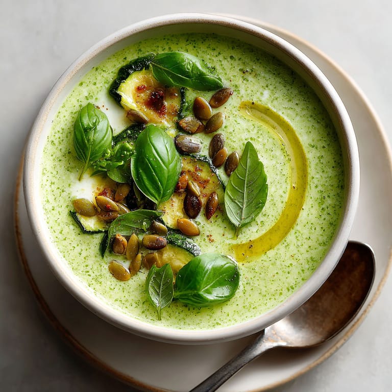 A bowl of soup with zucchini, basil, and coconut.