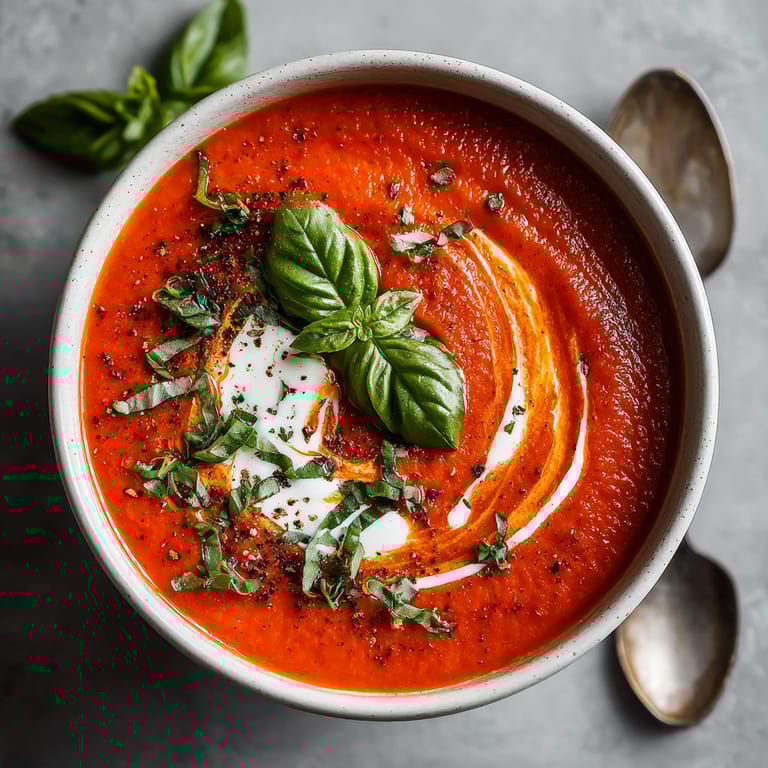 A bowl of red soup with green leaves on top.