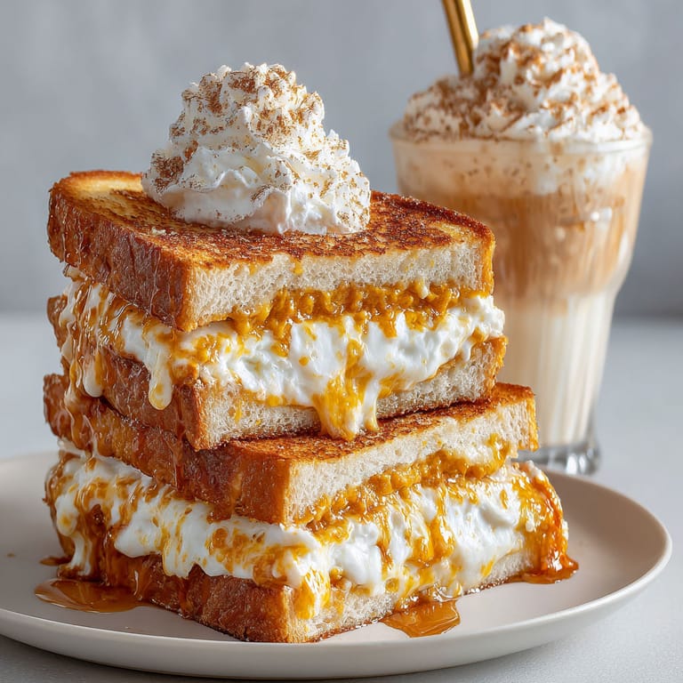 A stack of grilled cheese sandwiches with cream soda.