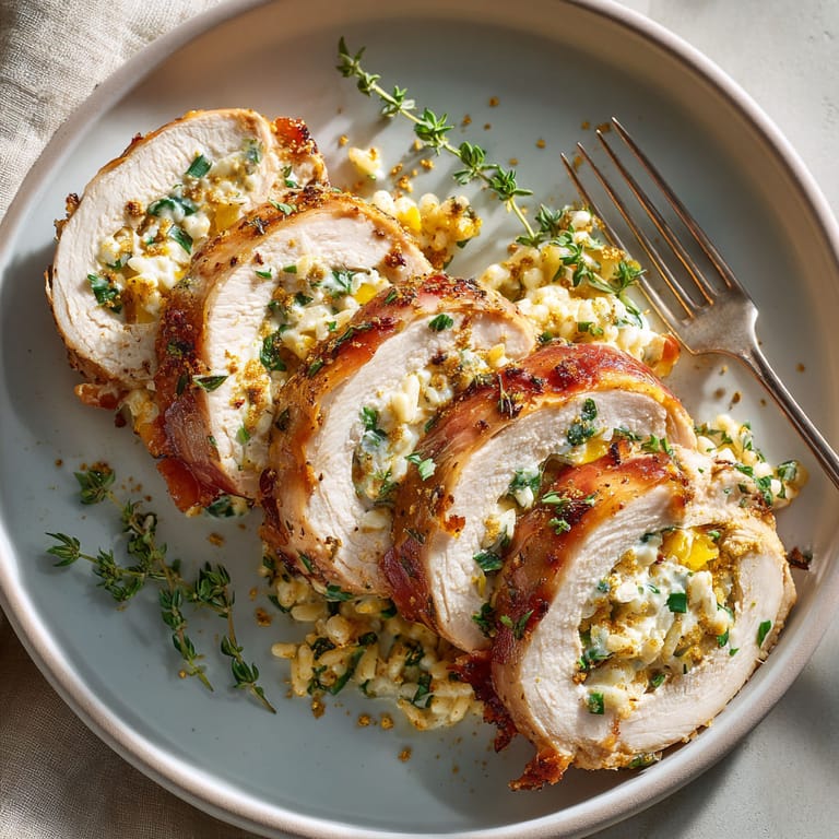 A plate of chicken with herbs on it.
