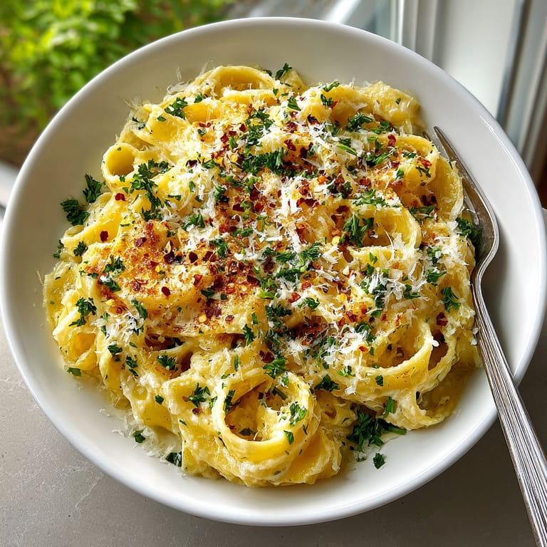 A bowl of pasta with cheese and herbs.