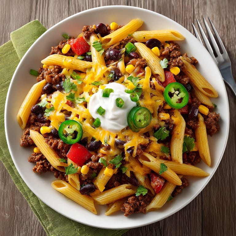 A plate of food with pasta, beans, corn, and cheese.