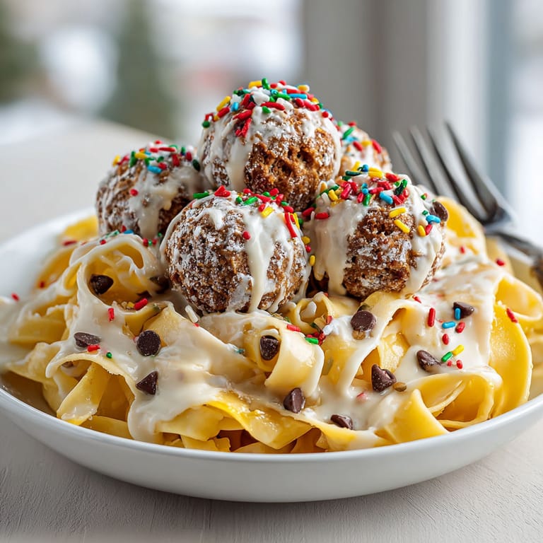 A plate of pasta with cookie dough balls on top.