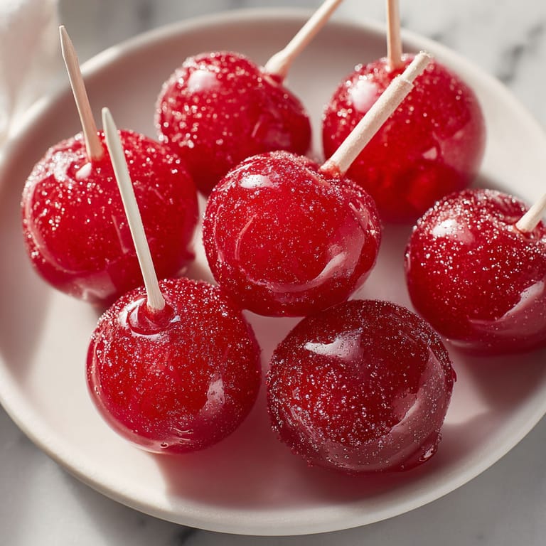 A plate of red candy with sticks in it.