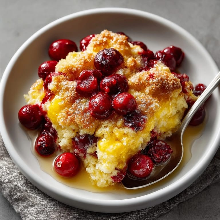Festive Five-Ingredient Cranberry Orange Dump Cake showcasing juicy cranberries and zesty citrus in every slice.