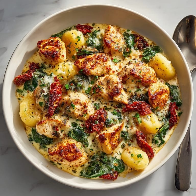 Rustic One-Pan Tuscan Chicken Gnocchi Bake featuring tender chicken, sun-dried tomatoes, and pillowy gnocchi.