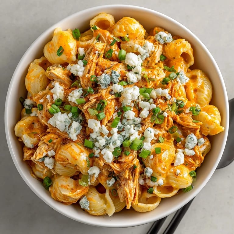 Rich, comforting slow cooker buffalo chicken mac and cheese served hot for a cozy dinner.