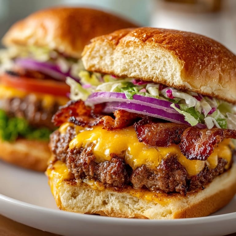 Close-up of Ultimate Bacon Cheeseburger Sliders with Secret Sauce, drizzled and garnished for a mouthwatering party platter.