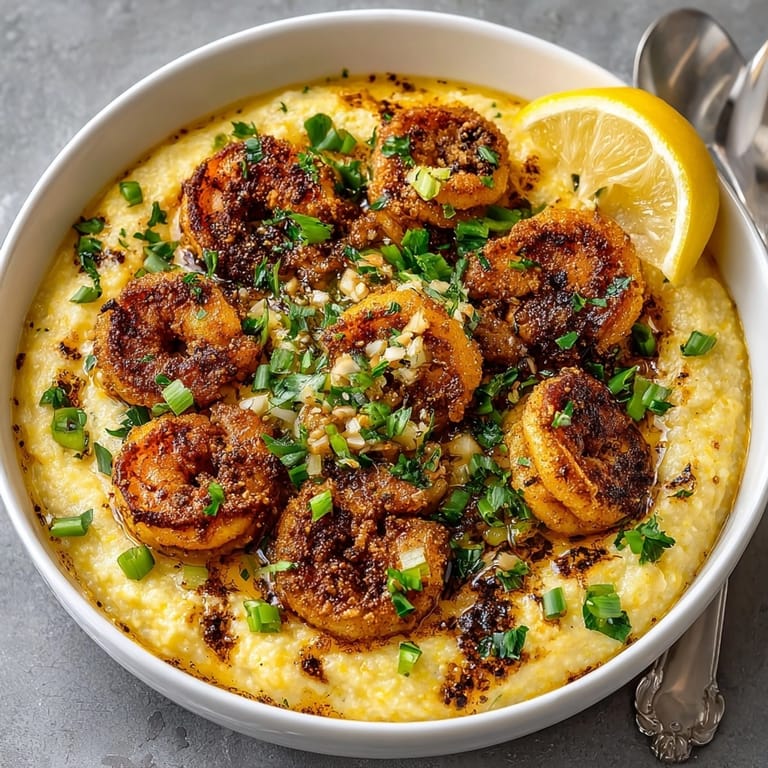 Crispy Cajun Shrimp and Grits Bowls garnished with green onions and lemon wedges for serving.