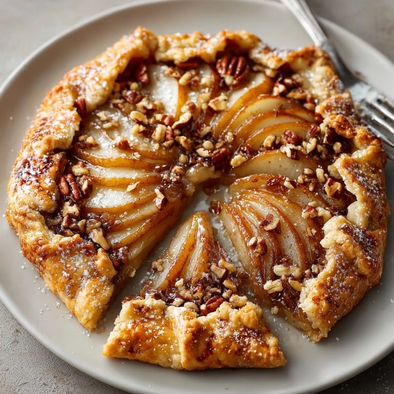 Freshly baked spiced pear and pecan galette on parchment, warm and ready to serve