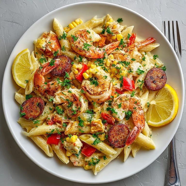 Closeup of Cajun Seafood Boil Pasta served hot with fresh parsley and lemon wedges.
